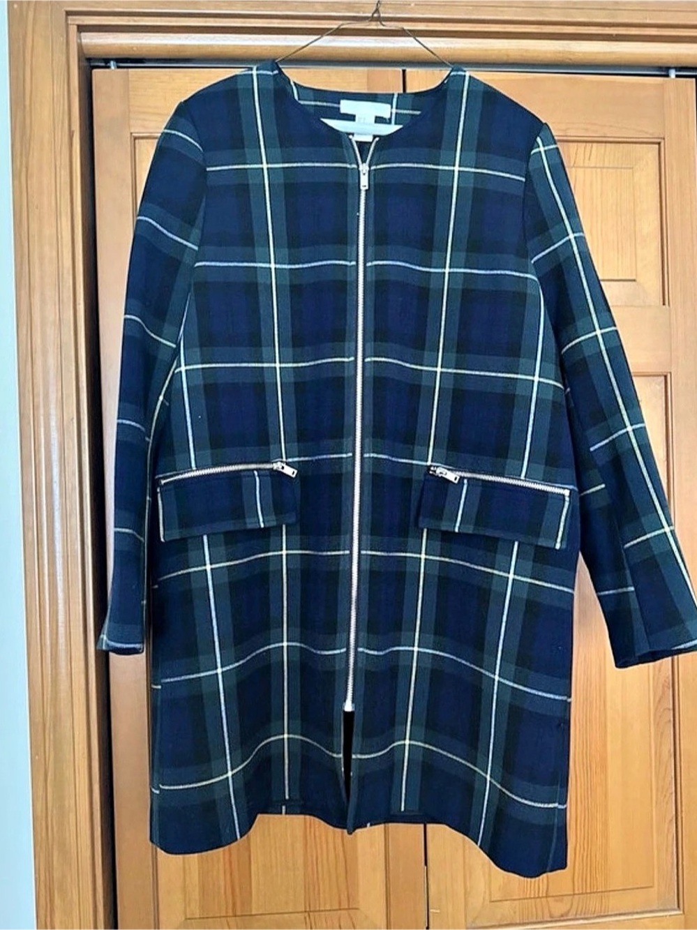 H&M Plaid Zip Front Long Line Coat Blue & Black